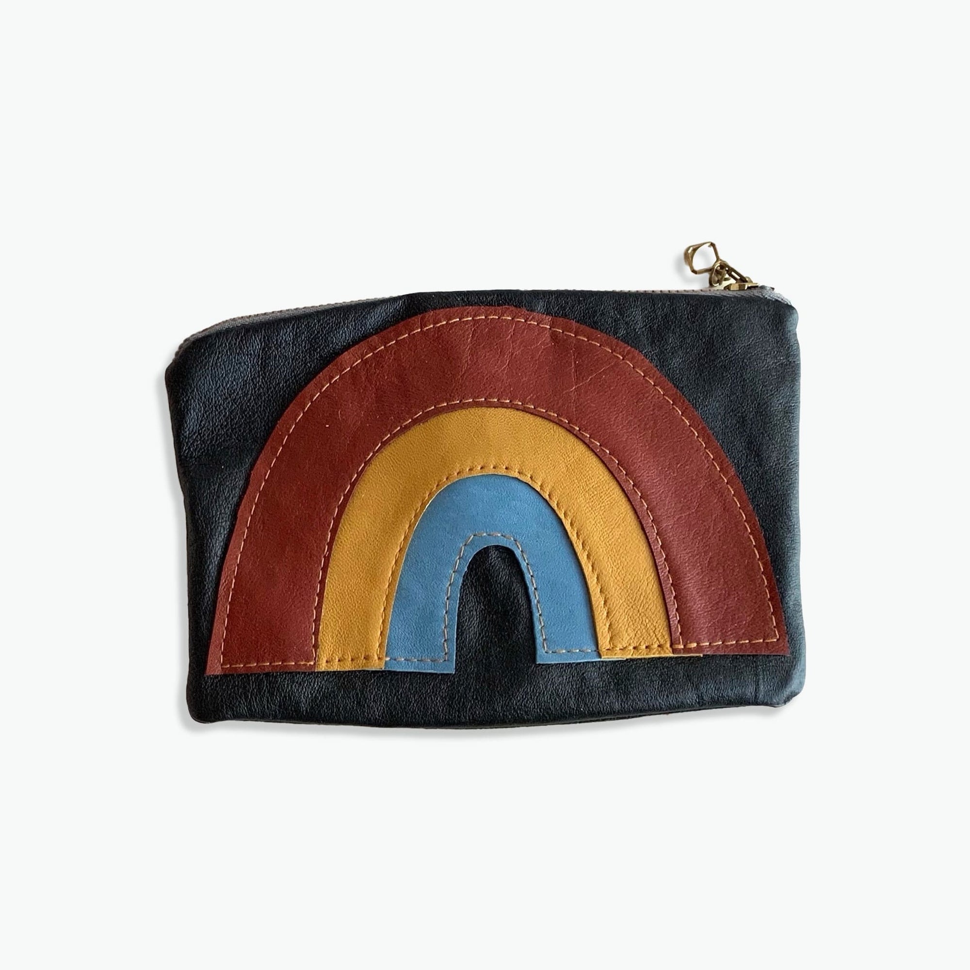 Recycled Leather Rainbow pouch - brown yellow blue