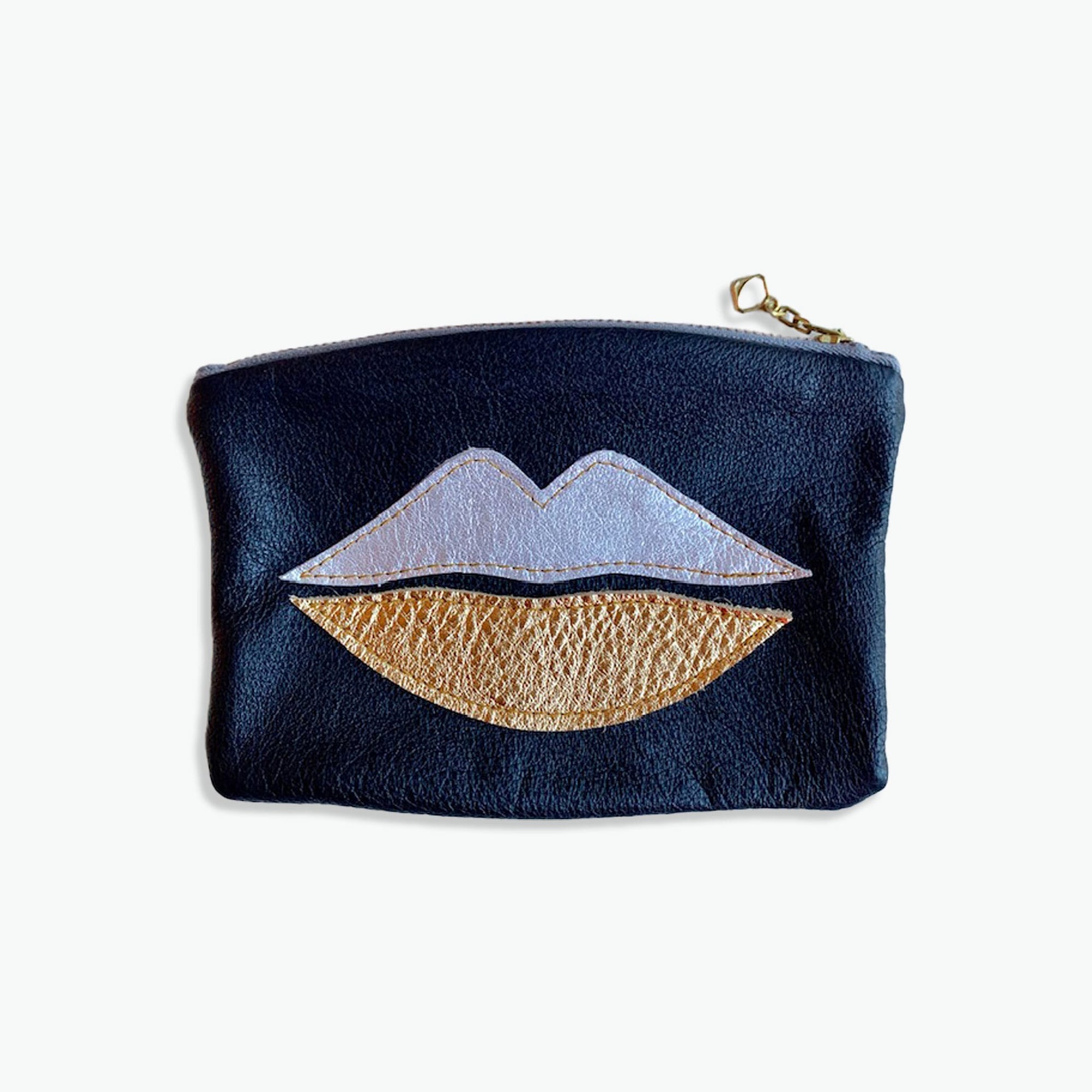 Recycled Leather Pouch gold silver Lips